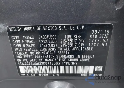 2019 Honda Hr-V Lx из США, поврежденный, VIN 3CZRU5H32KG716303